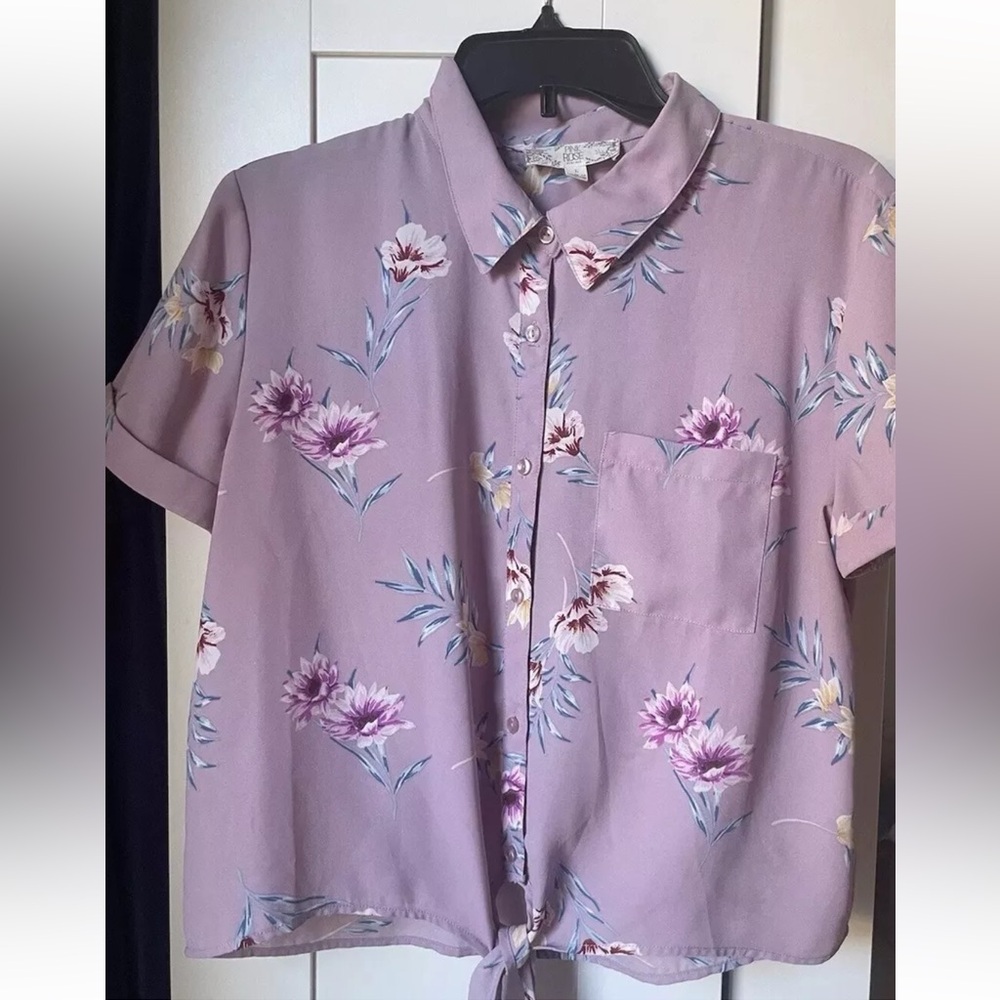 Lavender Retro Floral Patterned Crop Top Tie Up Collar Button Down Size L Shirt